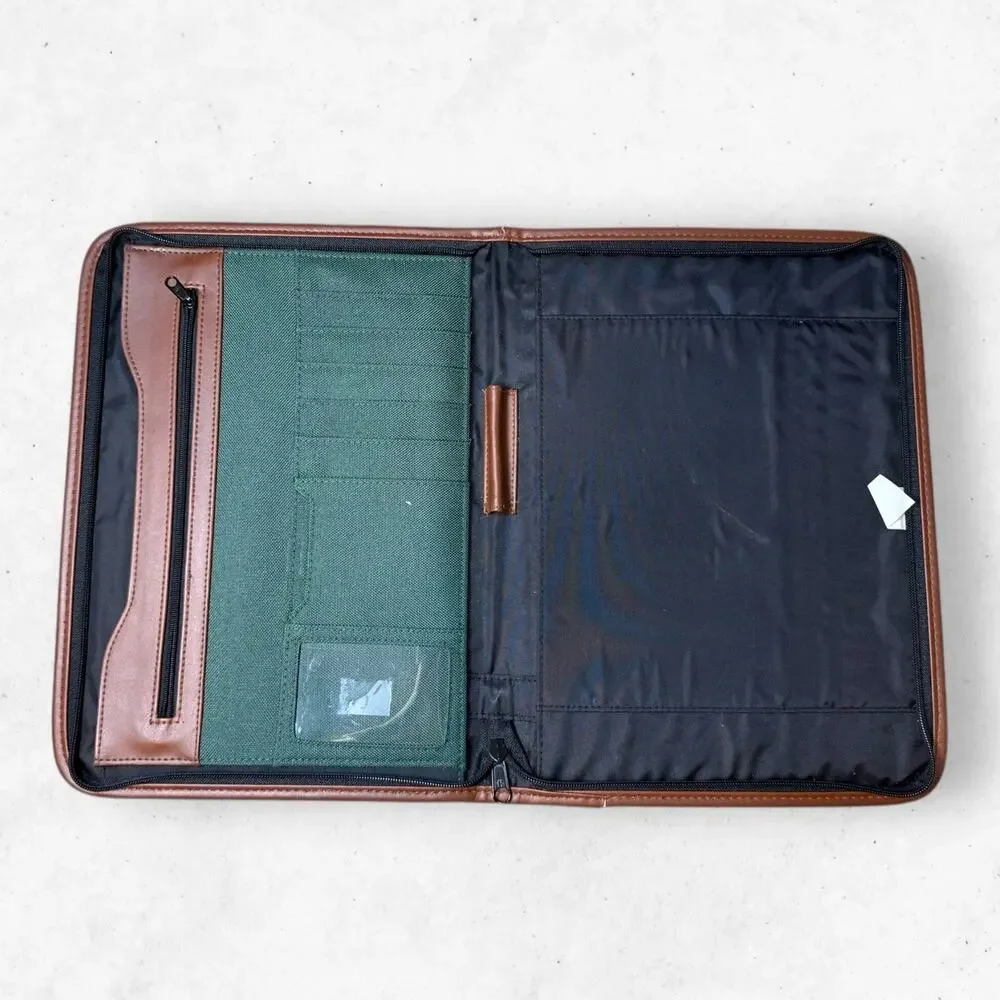Vintage Leeds Green Brown Padfolio Zip Around Texas Instrument Monogrammed